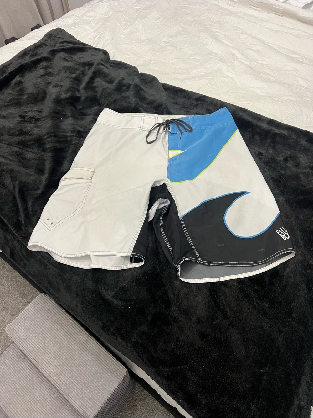 Billabong Men’s White, Black & Blue Wave Boardshorts with Lime Accent